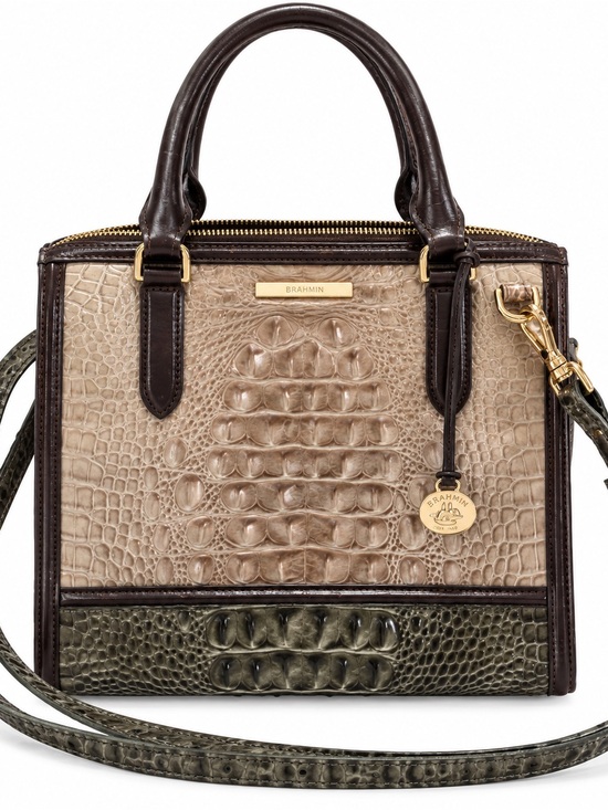 Brahmin Handbags - Brahmin Caroline Silver Taupe, Olive & Dark Brown Croc-Embossed Satchel